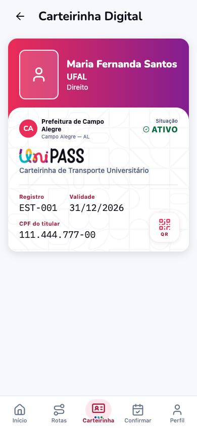 Aplicativo do estudante — carteirinha digital de transporte com QR code e situação do vínculo