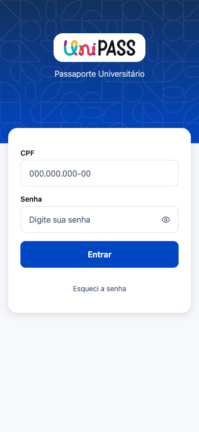 Aplicativo do estudante — tela de entrada com CPF e senha