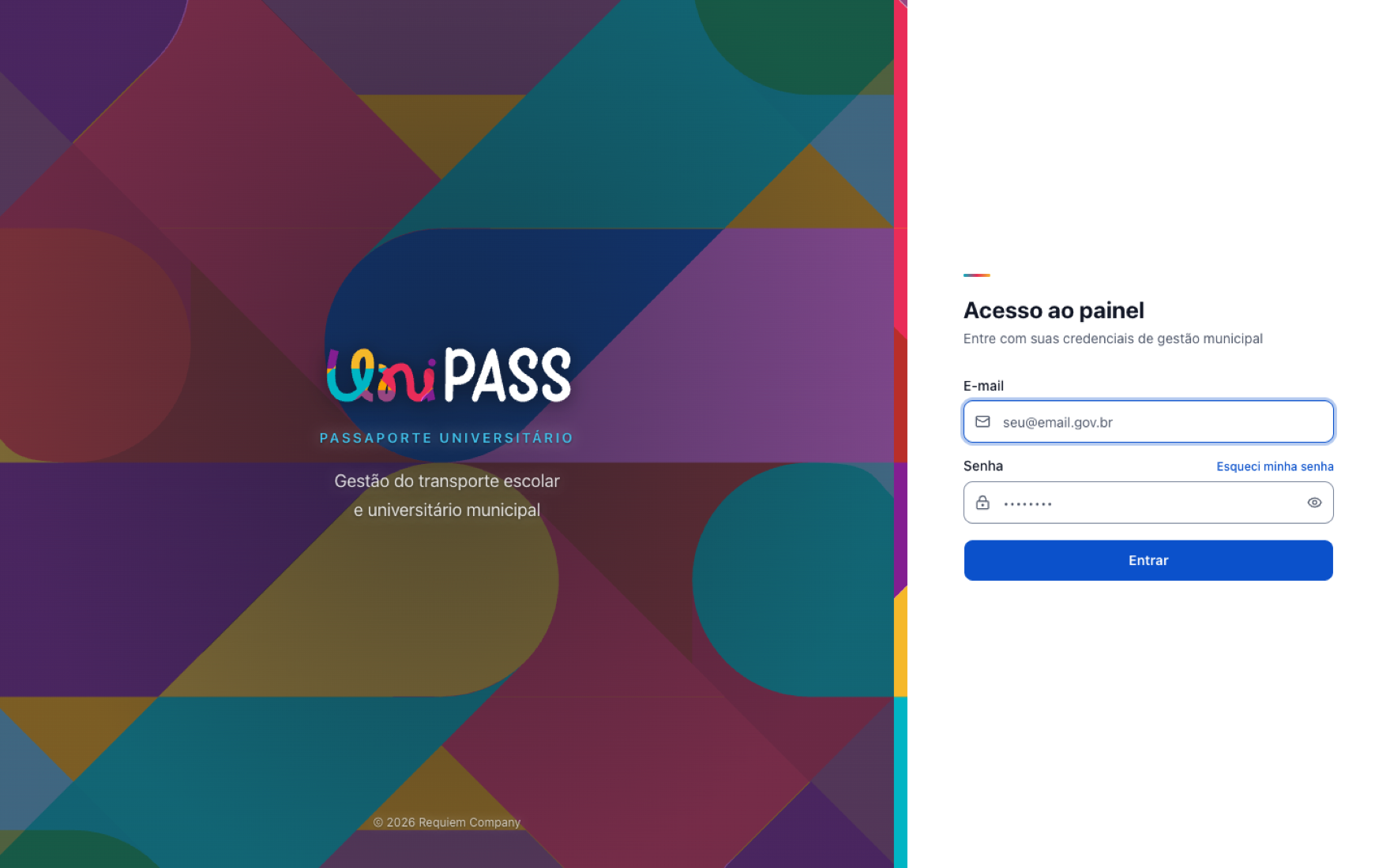 Acesso ao painel de gestão UniPass — tela de entrada com o painel geométrico da marca e credenciais de gestão municipal